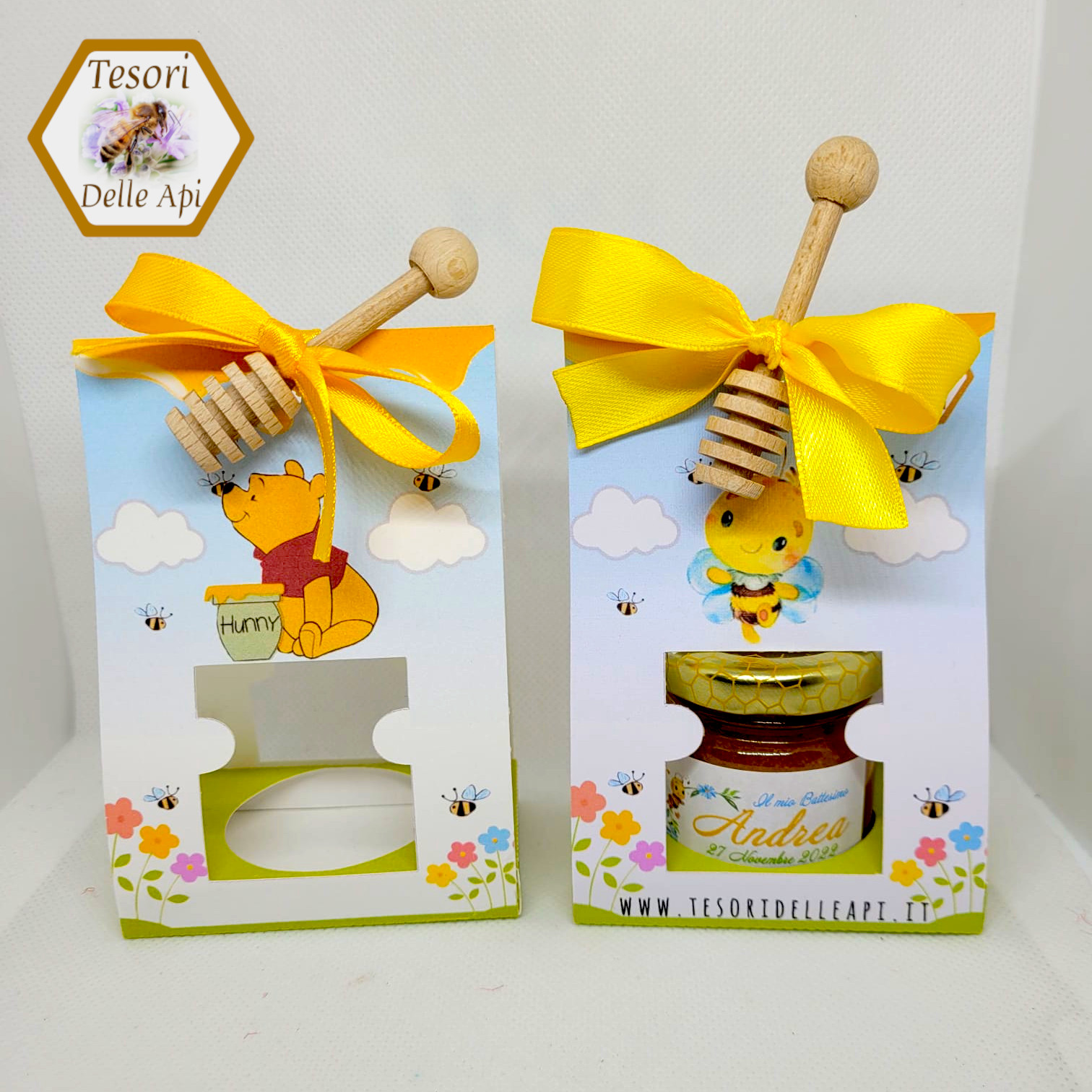 Miele e Bustina in cartoncino personalizzata con spargimiele in legno