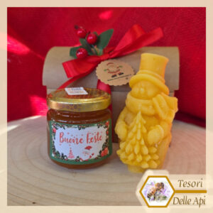 Cofanetto Miele Millefiori 125g Pupazzo Neve con albero in cera api Confezione Natalizia TESORI DELLE API