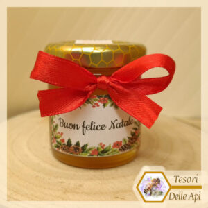 Vaso 50g Miele Millefiori con etichetta natalizia e nastrino rosso - omaggio segnaposto regalino