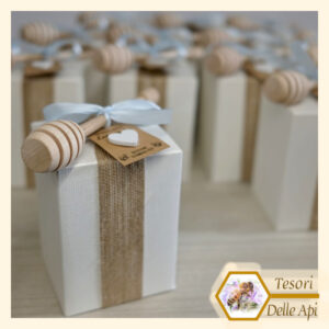 Bomboniera Battesimo Vaso 250g Miele Millefiori Scatola Spargimiele grande Cartoncino personalizzato cuore in legno