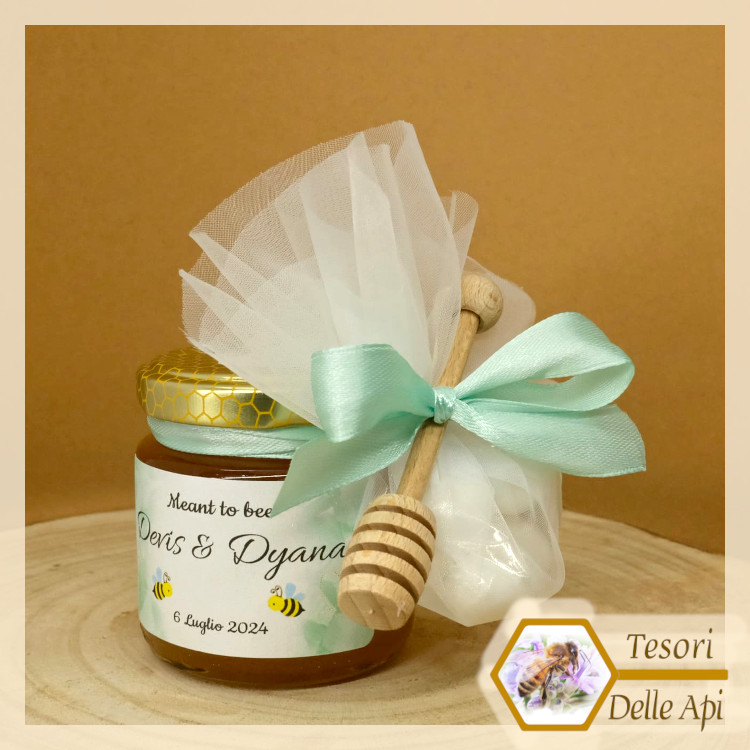 Bomboniera Miele Matrimonio Modello 9 Vaso 125g Miele Millefiori con etichetta personalizzata Nastro tiffany Spargimiele Confetti Bomboniera Miele Matrimonio Modello 9 Vaso 125g Miele Millefiori con etichetta personalizzata Nastro tiffany Spargimiele Confetti
