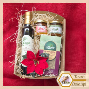 Cestino Gastronomico "Sapori della Tradizione": Olio EVO, Lenticchie e Mieli Aromatizzati 125g x 2