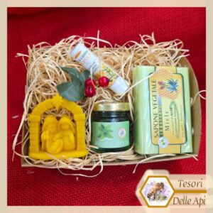 Cestino Cosmetico Regalo con Miele e Piccolo Presepe in Cera d'Api