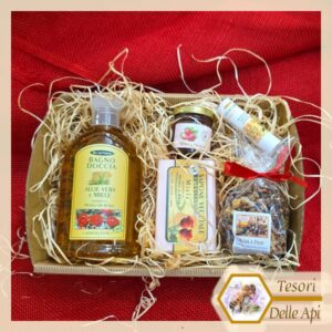 Cesto Miele Regali Natale con Bagno Doccia, Saponetta, Stick labbra, Vasetto Miele Frutta/Spezie a scelta, Tisana a Scelta