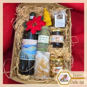 Cesto Regalo con Vino, Miele, Lonza di fico, Caramelle Miele e Limone, Spezie per Vin Brulè, Babbo Natale in Cera d'Api