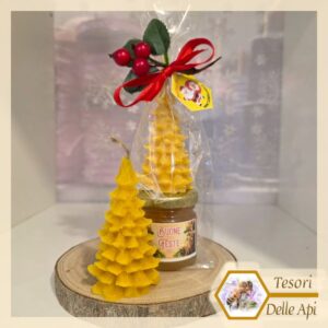 Confezione Natalizia: Candela Alberello in Cera d'Api con Vasetto Miele