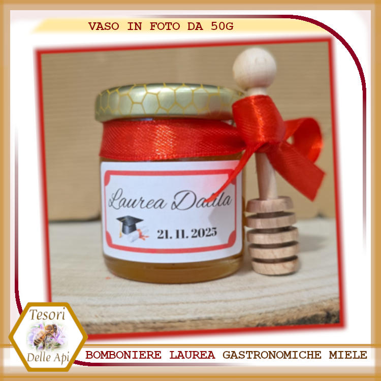 Bomboniera Laurea Nastrino Spargimiele Vaso 50g Miele etichetta personalizzata