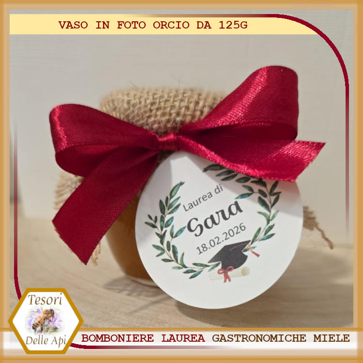 Bomboniera gastronomica laurea miele vaso orcio 125g juta e cartoncino