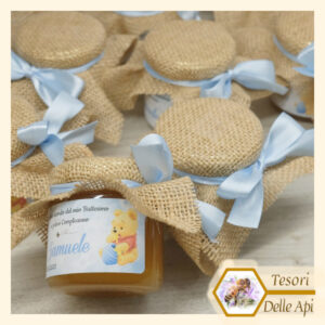 Vaso 125g Miele Millefiori Bomboniera Miele Battesimo Copritappo Nastro azzurro orsetto miele